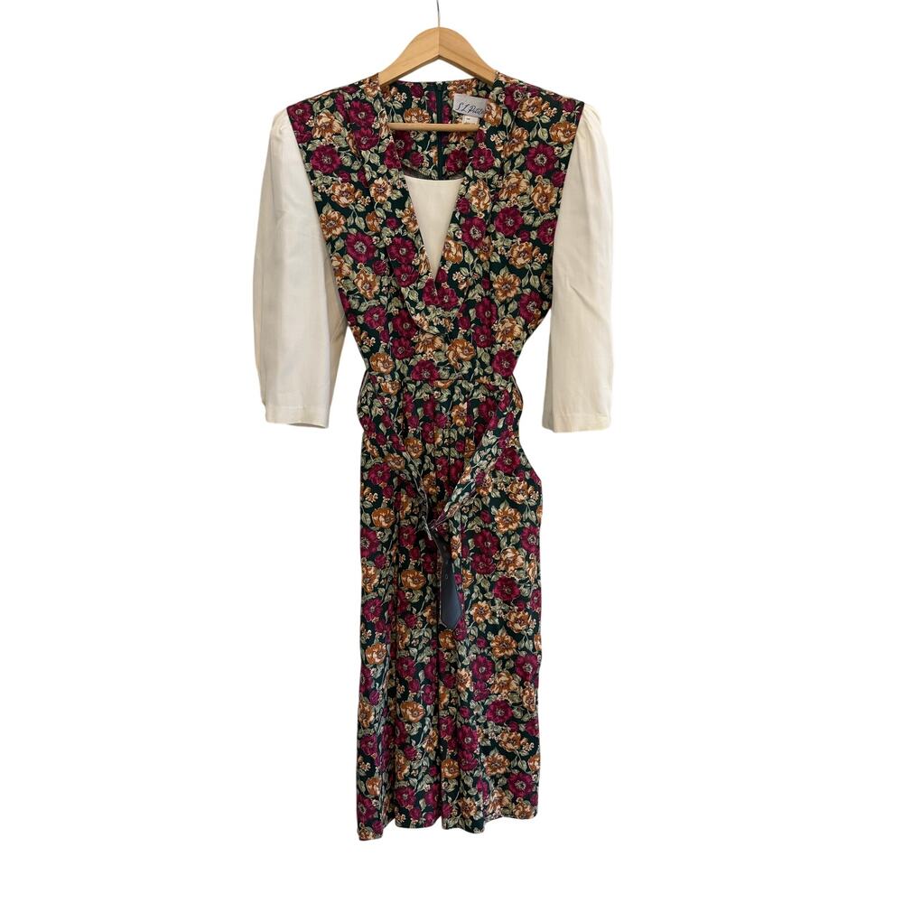 S.L. Petites Floral Belted Midi Dress Womens Sz 14 Cottagecore Peasant Vintage